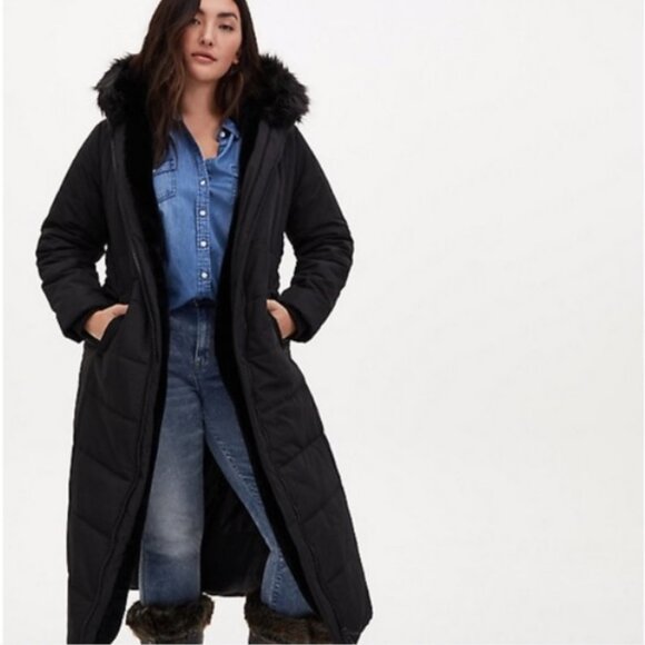 NEW $215 Torrid Maxi Fit & Flare faux Fur Long Hooded Puffer Jacket Coat 3 22/24 - Picture 1 of 7